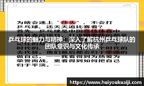 乒乓球的魅力与精神：深入了解杭州乒乓球队的团队意识与文化传承